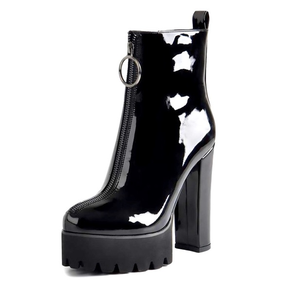 Black Leather Platform Chunky Heel Boot - Picture 1 of 6